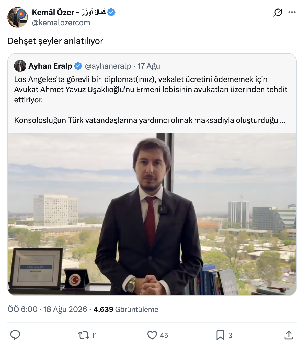 Kemâl Özer’in, Avukat Yavuz Uşaklıoğlu hakkındaki Ayhan Eralp paylaşımını aktardığı sosyal medya gönderisi