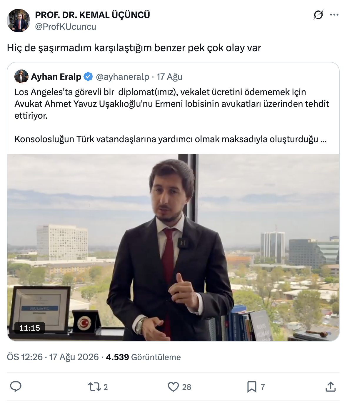 Prof. Dr. Kemal Üçüncü’nün, Avukat Yavuz Uşaklıoğlu hakkındaki Ayhan Eralp paylaşımını aktardığı sosyal medya gönderisi