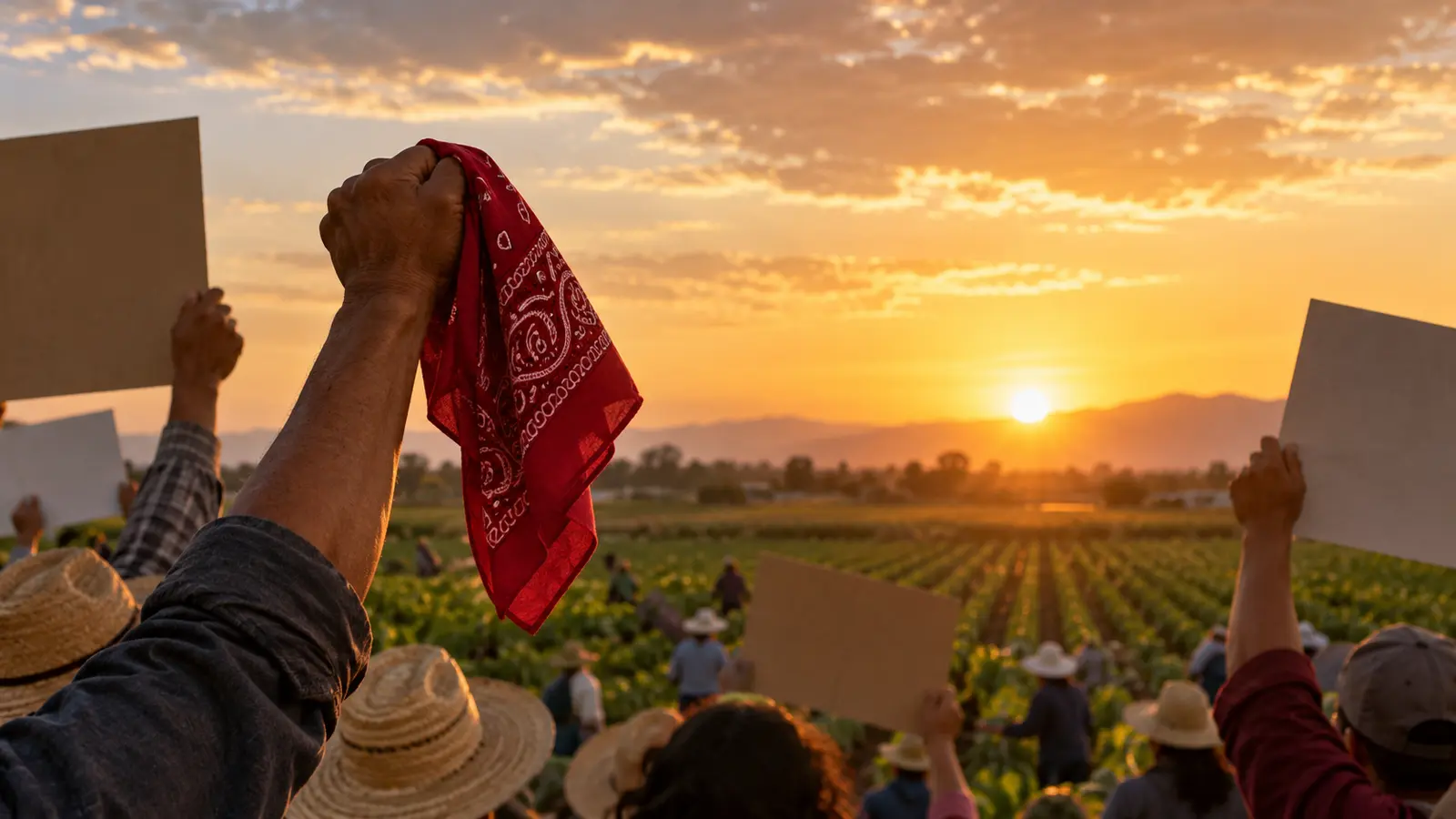 Dolores Huerta'nın tarım işçileri hareketindeki mirasını temsil eden Central Valley tarlası, boş pankartlar ve kırmızı bandana; gerçek bir eylemin veya Huerta'nın fotoğrafı değil
