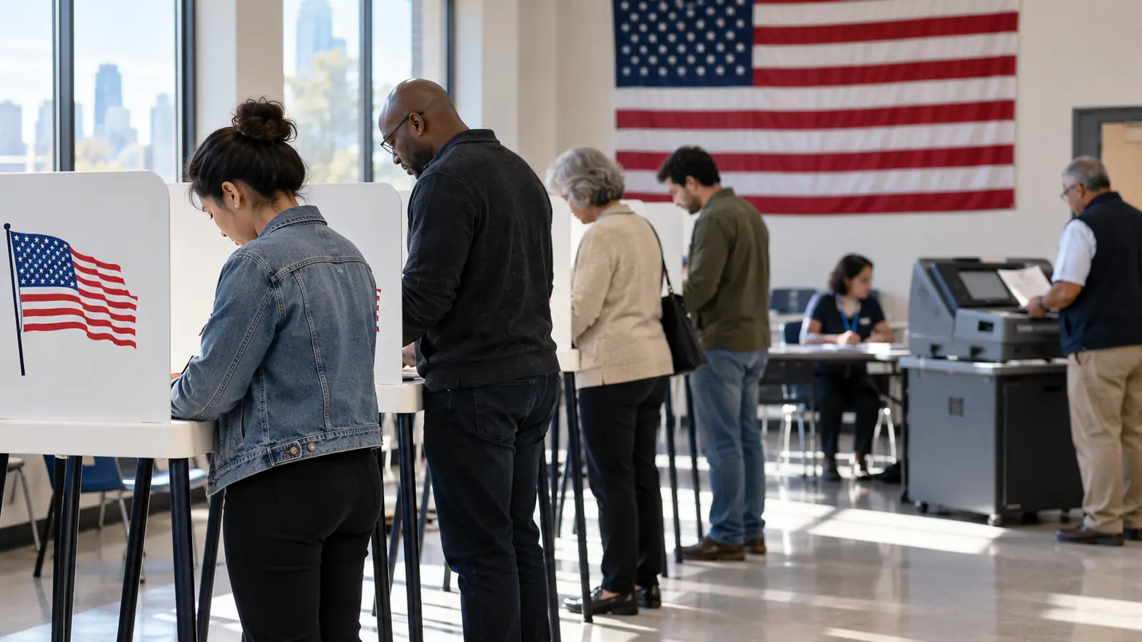 New York’ta erken oy verme sürecini temsil eden özgün sandık alanı görseli; gerçek bir oy merkezi veya seçmen fotoğrafı değil