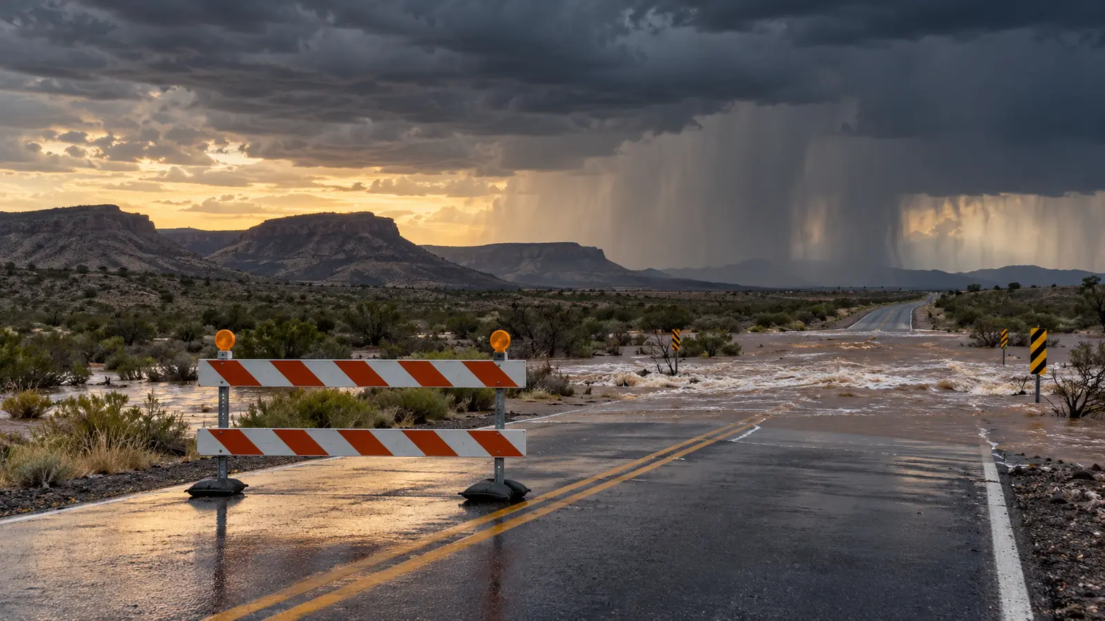 Batı Texas'ta şiddetli yağmur ve su basmış alçak bir yolu temsil eden özgün görsel; Vance'ın kalıntılarının veya güncel bir selin gerçek fotoğrafı değil
