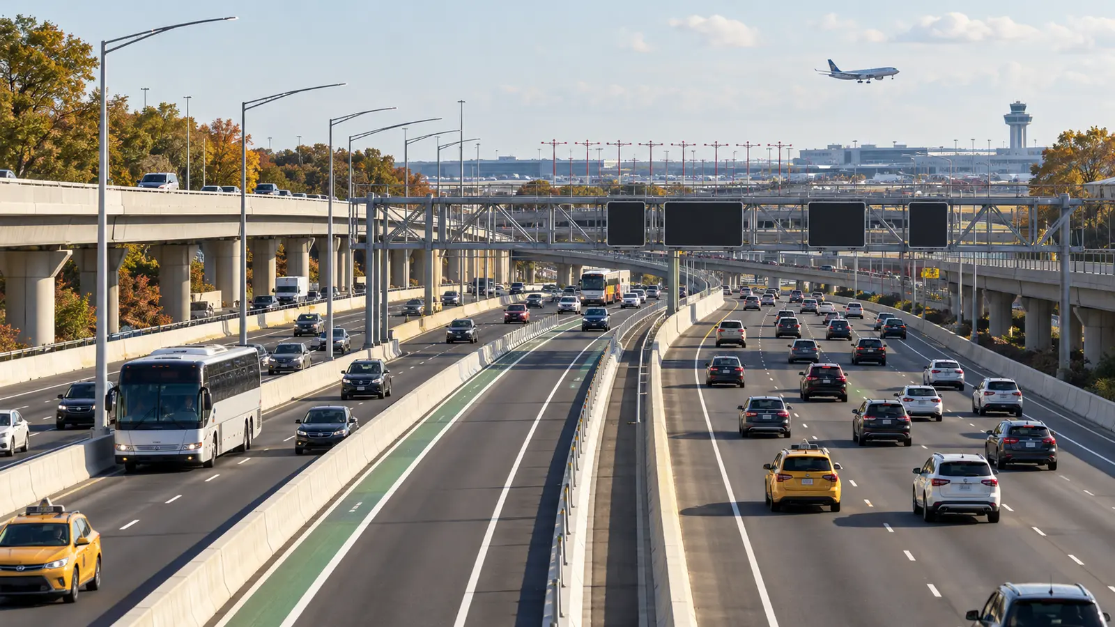 Queens'te JFK Havalimanı yönündeki yenilenmiş çok şeritli otoyolu ve yönetimli HOV şeritlerini temsil eden özgün görsel; Van Wyck Expressway'in gerçek fotoğrafı değil